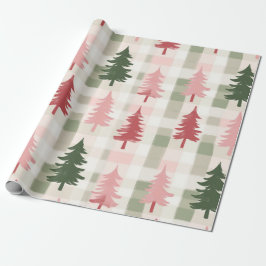 Modern Pink & Green Pine Tree Plaid Christmas Geschenkpapier
