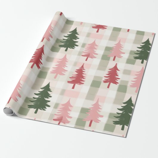 Modern Pink & Green Pine Tree Plaid Christmas  Geschenkpapier (Ungerollt)