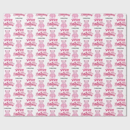 Modern Pink Happy Valentines Day Script Teddy Bear Geschenkpapier (Flach)