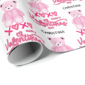 Modern Pink Happy Valentines Day Script Teddy Bear Geschenkpapier (Rolleneckpunkt)
