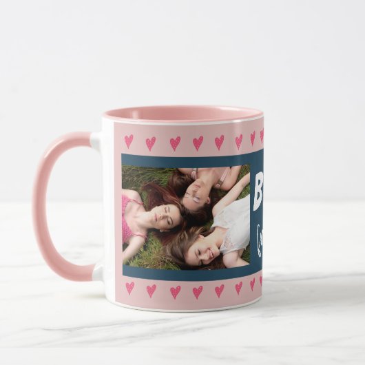 Modern Pink Hearts Best Friends Typografie 2 Foto Tasse (Links)
