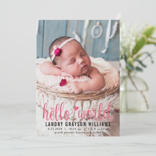 Modern Pink Hello World Foto Geburtsstat Ankündigung (Stehend Vorderseite)