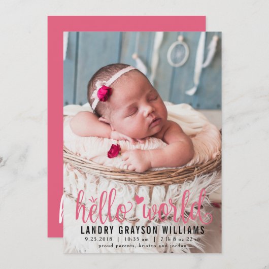 Modern Pink Hello World Foto Geburtsstat Ankündigung (Vorne/Hinten)
