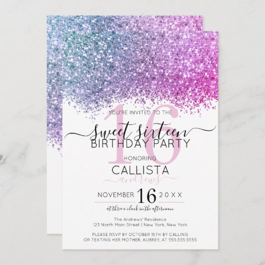 Modern Pink Lila Blue Glitzer Confetti Sweet 16 Einladung (Vorne/Hinten)