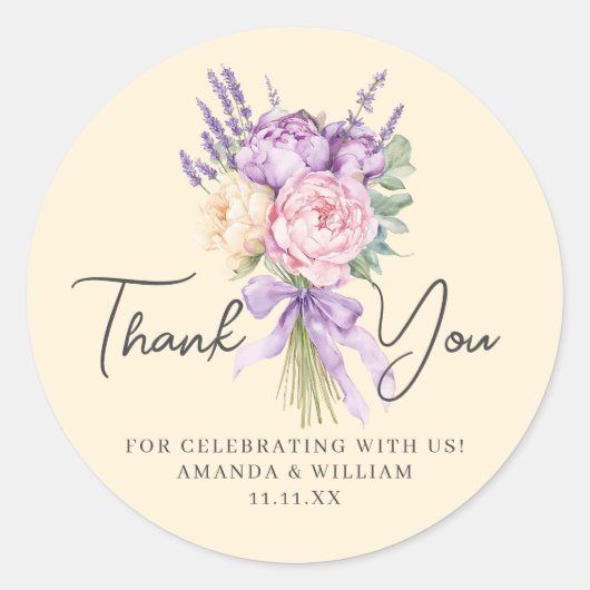 Modern Pink Lila Peony Blume Bouquet Vielen Dank Runder Aufkleber (Vorderseite)