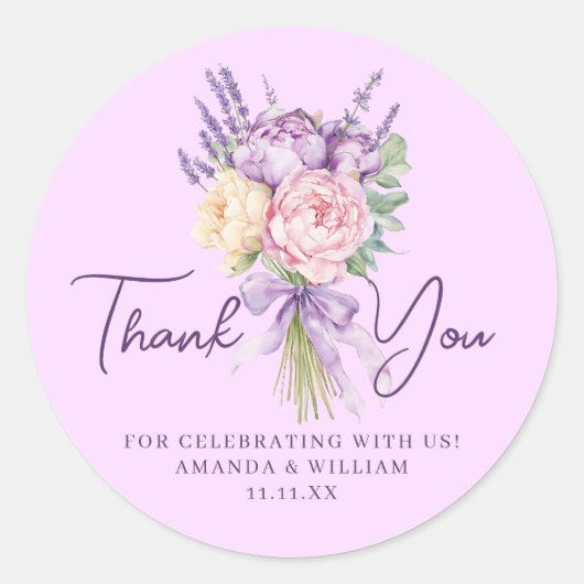 Modern Pink Lila Peony Blume Bouquet Vielen Dank Runder Aufkleber (Vorderseite)