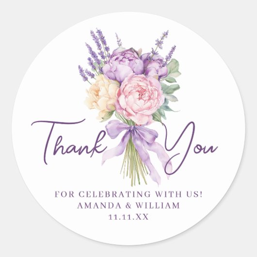 Modern Pink Lila Peony Blume Bouquet Vielen Dank Runder Aufkleber (Vorderseite)