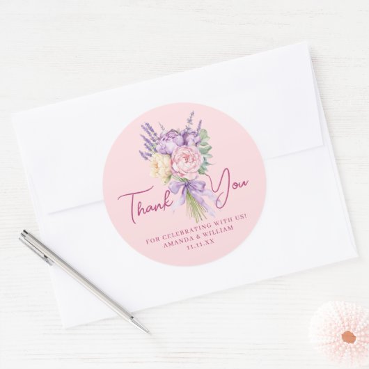 Modern Pink Lila Peony Blume Bouquet Vielen Dank Runder Aufkleber (Umschlag)