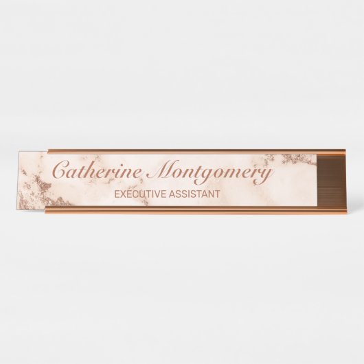 Modern Pink Marble Rose Gold Script Beruflich Schreibtischnamensplakette (Vorderseite )