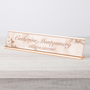 Modern Pink Marble Rose Gold Script Beruflich Schreibtischnamensplakette