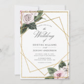 Modern Pink Mauve Rose Floral Gold Frame Wedding I Einladung (Vorderseite)