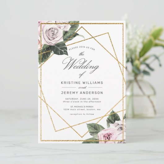 Modern Pink Mauve Rose Floral Gold Frame Wedding I Einladung (Stehend Vorderseite)