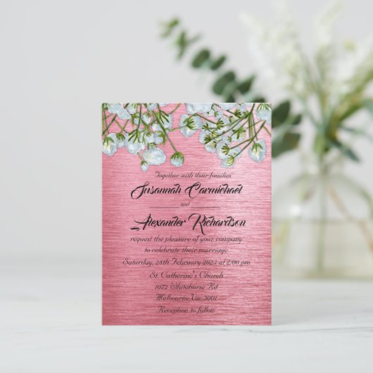 Modern Pink Metallic and White Roses Wedding Postkarte (Stehend Vorderseite)