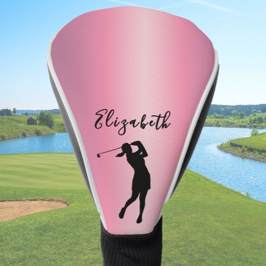 Modern Pink Metallic Look Lady Golfer Custom Name Golf Headcover