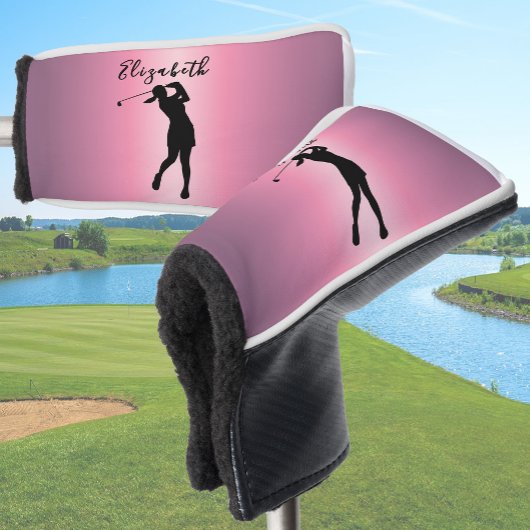 Modern Pink Metallic Look Lady Golfer Custom Name Golf Headcover
