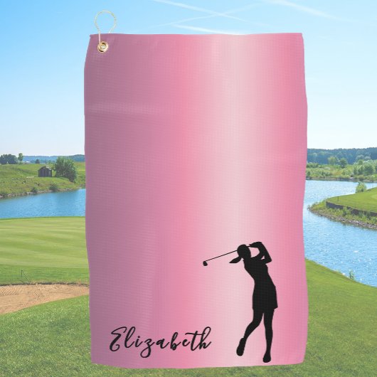 Modern Pink Metallic Look Lady Golfer Custom Name Golfhandtuch