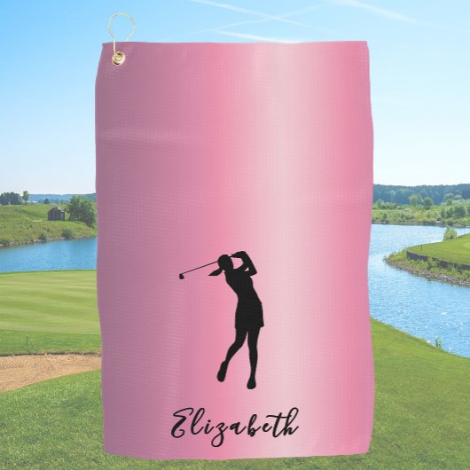 Modern Pink Metallic Look Lady Golfer Custom Name Golfhandtuch