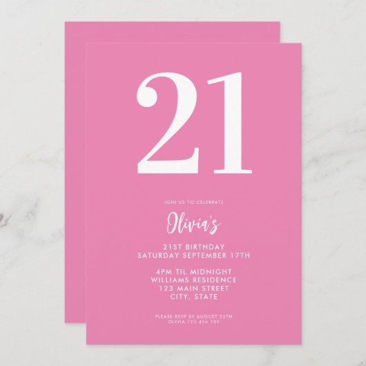 Modern Pink Minimal 21. Geburtstag Einladung (Vorne/Hinten)