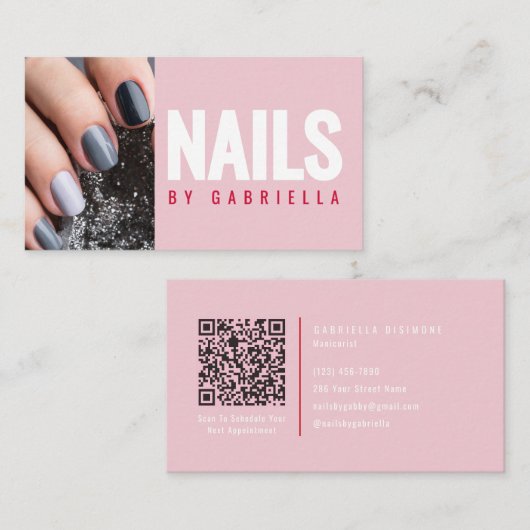 Modern Pink Nail Technician QR Code Photo Visitenkarte (Vorne/Hinten)