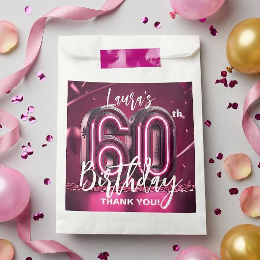 Modern Pink Neon 3D 60th Birthday Party Thank You Geschenktütchen