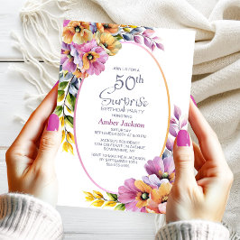 Modern Pink Orange Floral Surprise 50th Birthday Einladung