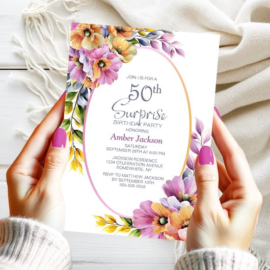 Modern Pink Orange Floral Surprise 50th Birthday Einladung