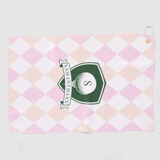 Modern Pink Pattern Green Golf Ball Name Monogram Golfhandtuch (Horizontal)