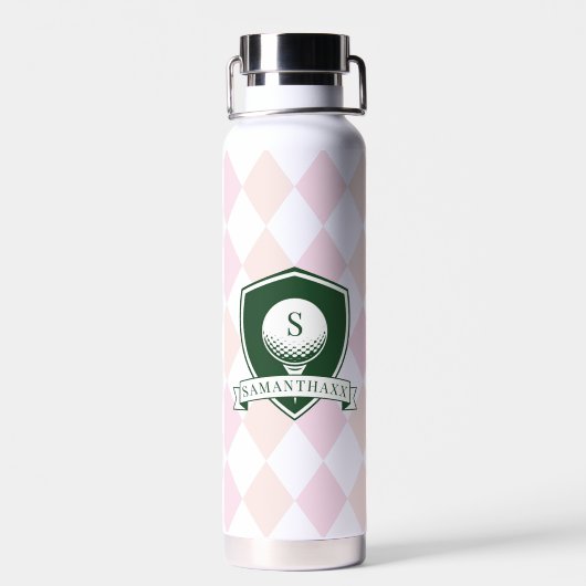 Modern Pink Pattern Green Golfer Name Monogram Trinkflasche (Rückseite)
