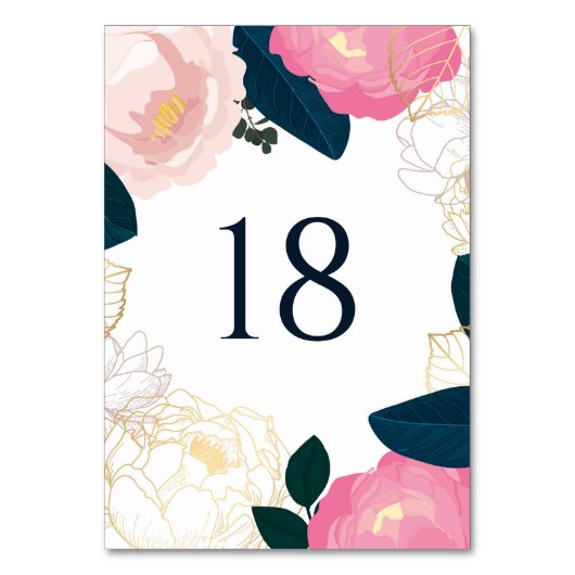 Modern Pink Peonies Gold Foil Navy Blue Wedding II Tischnummer (Vorderseite)