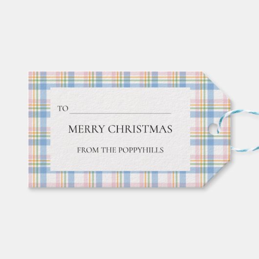 Modern Pink Plaid Check Christmas Gift Tag Geschenkanhänger (Vorderseite (Horizontal))
