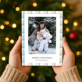Modern Pink Plaid Check Christmas Photo Card Feiertagskarte
