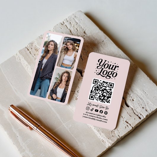 Modern Pink QR Code Social Media Icons Logo Photo Visitenkarte
