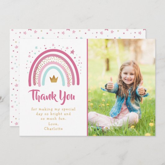 Modern Pink Rainbow Birthday Party Danke Karte (Vorne/Hinten)