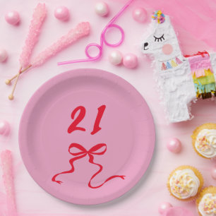 Modern Pink Red 21. Geburtstags Bow Illustration Pappteller