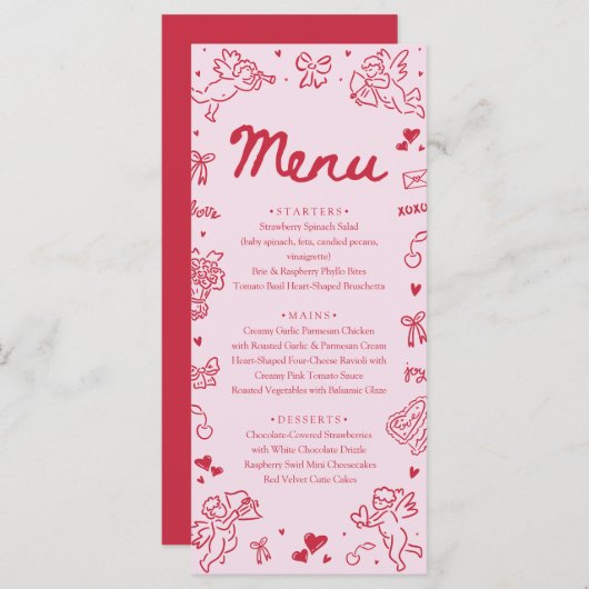 Modern Pink Red Hearts Hand Drawn Valentine Menu (Vorne/Hinten)