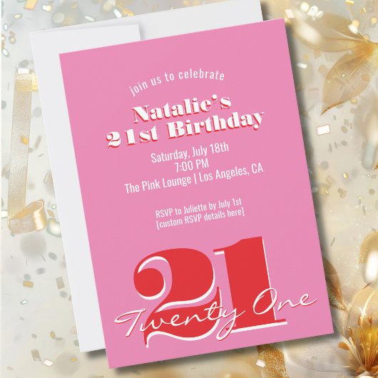 Modern Pink Red Minimalist 21st Birthday Einladung