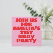 Modern Pink Red Photo Playful Bold Birthday 21st Einladung (Stehend Vorderseite)