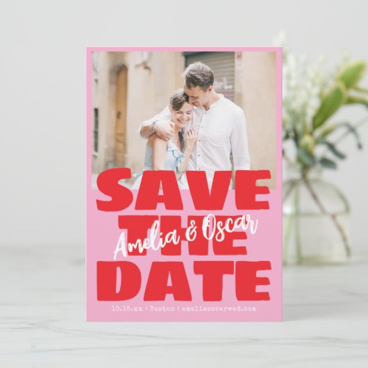 Modern Pink Red Photo Playful Bold Modern Save The Date (Stehend Vorderseite)