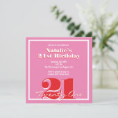 Modern Pink Red Retro 21st Birthday Square Einladung (Stehend Vorderseite)