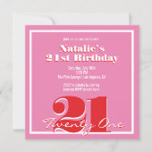 Modern Pink Red Retro 21st Birthday Square Einladung (Vorderseite)