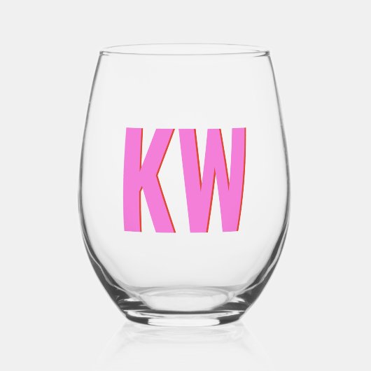 Modern Pink Red Shadow Monogram Personalisiert Weinglas Ohne Stiel (Vorderseite)