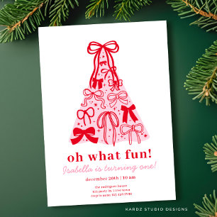 Modern Pink & Red Tree Bow 1. Geburtstag Einladung