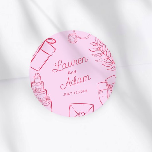 Modern Pink & Red Wedding sketch Favor Runder Aufkleber