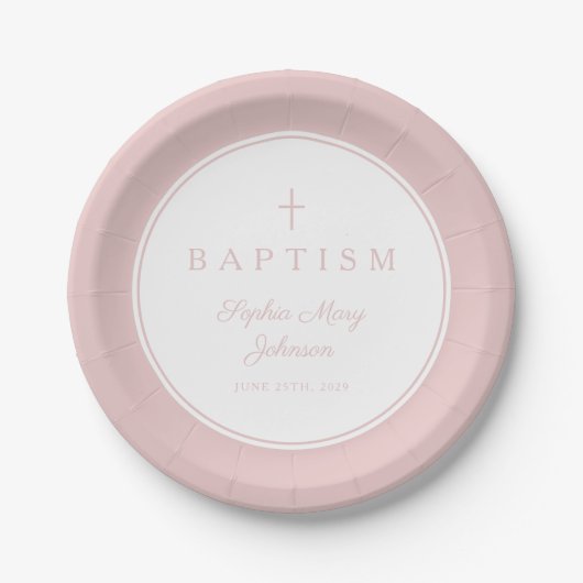 Modern Pink Religious Cross Girl Baptism Pappteller (Vorderseite)