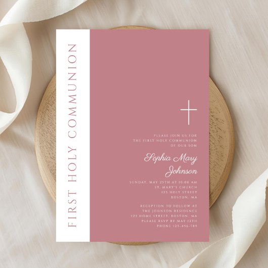 Modern Pink Religious Cross Girl First Communion Einladung