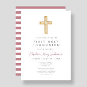 Modern Pink Religious Cross Girl First Communion Einladung