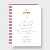 Modern Pink Religious Cross Girl First Communion Einladung