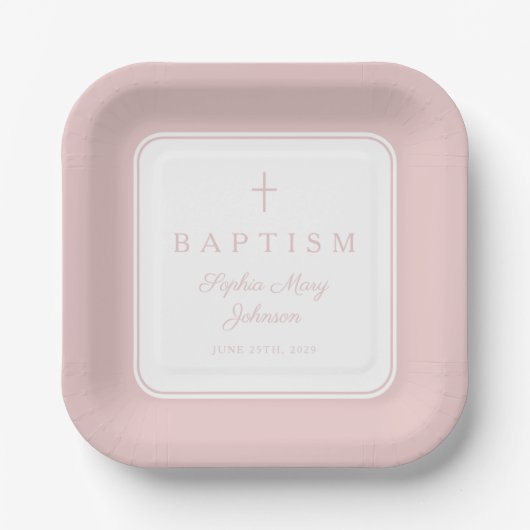 Modern Pink Religius Cross Girl Baptism Pappteller (Vorderseite)