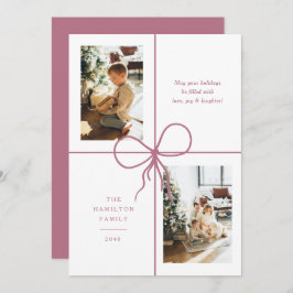 Modern Pink Ribbon Bow Wrap 2 Photo Christmas Feiertagskarte