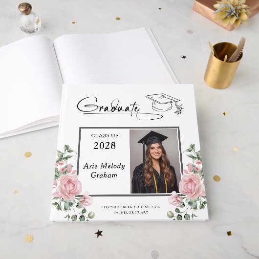 Modern Pink Roses Graduation 2 Photo Gästebuch (Vorderseite offen)